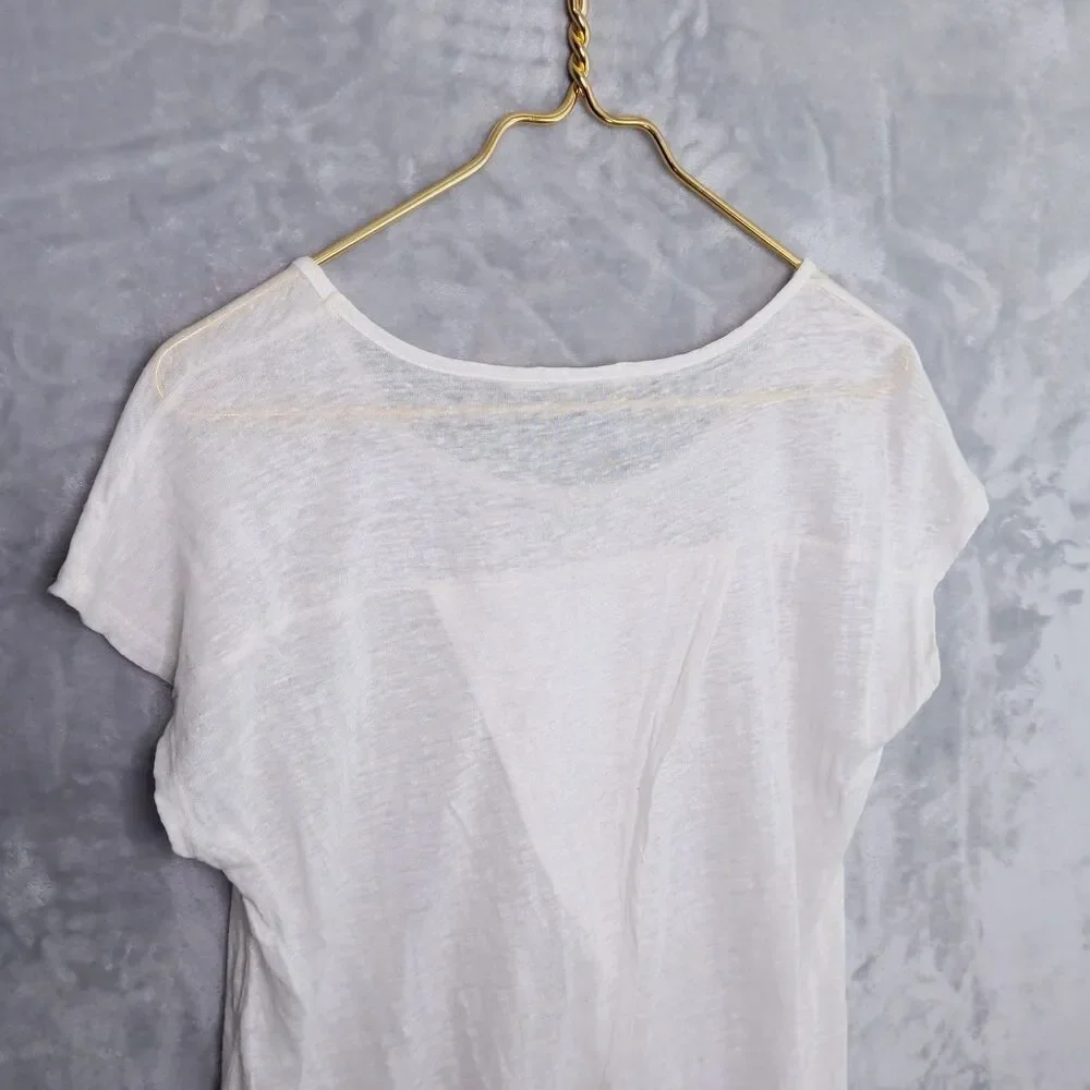 GIBSON Sheer White Linen Tee Size S Split-Back Beachy Lightweight Dolman Scoop